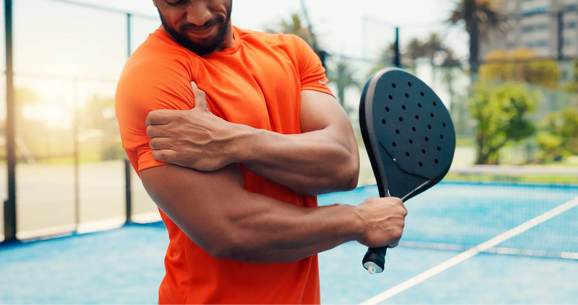 patient with tennis elbow that causes shoulder pain.